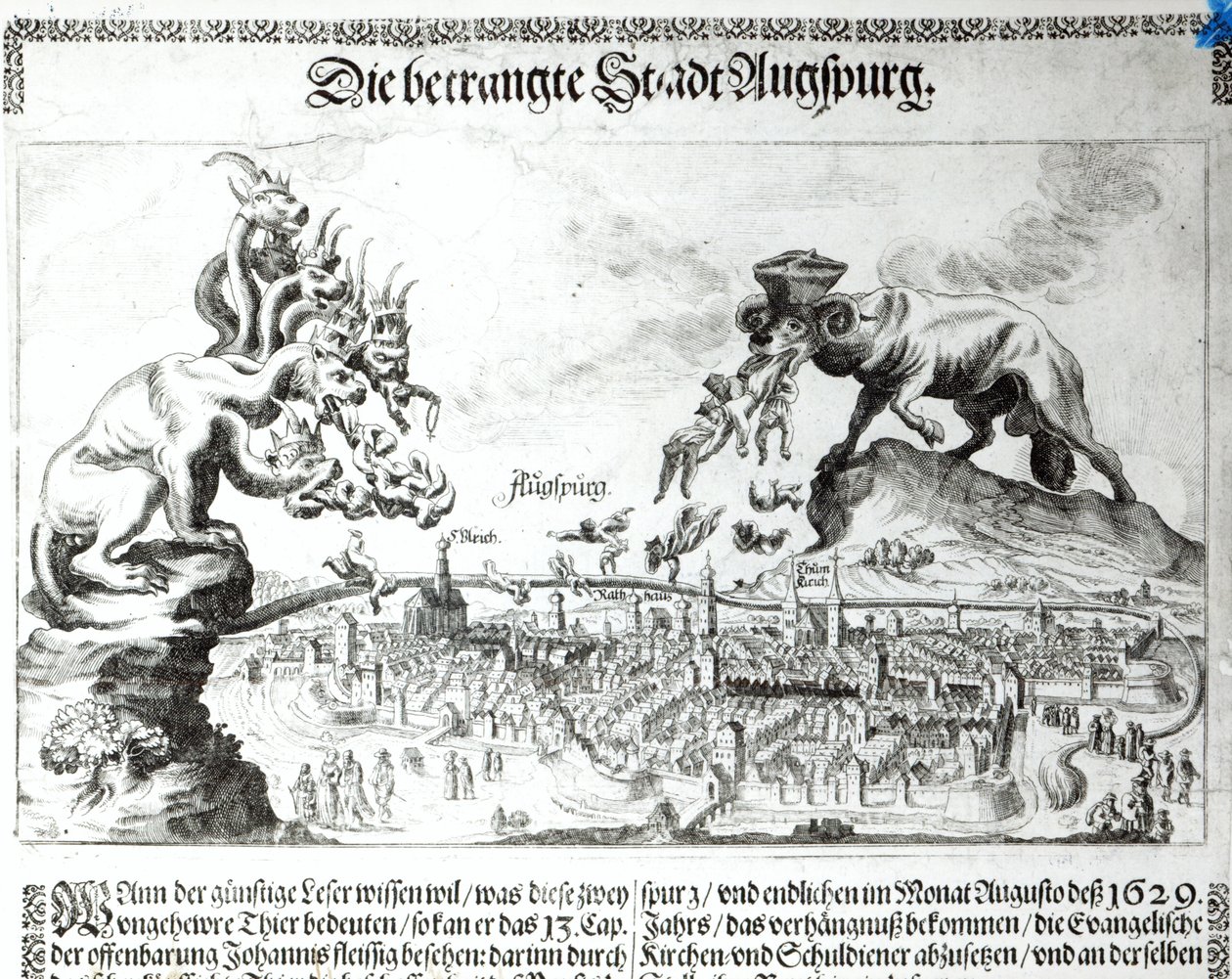 Augsburgin kaupunki pakotettiin hyväksymään katolisen vallan vuonna 1629 (kaiverrus) (bw kuva) tekijältä German School