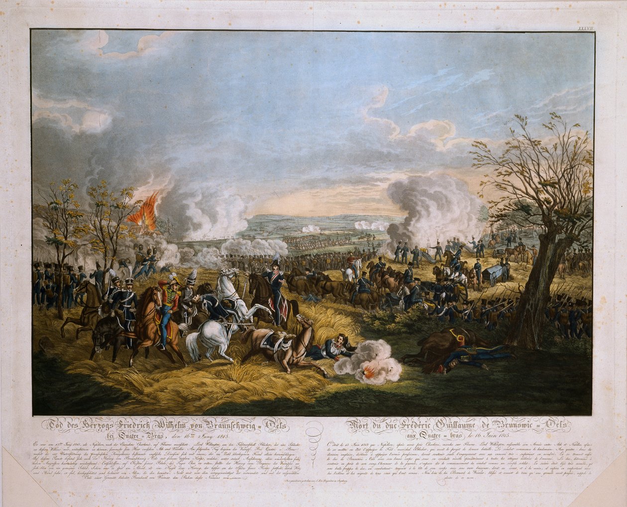 Brunswickin herttua Frederick Williamin (1771-1815) kuolema - Quatre Brasin taistelussa, 16. kesäkuuta 1815, julkaisija J. L. Rugendas, 1815 (värinen akvatinta) tekijältä German School