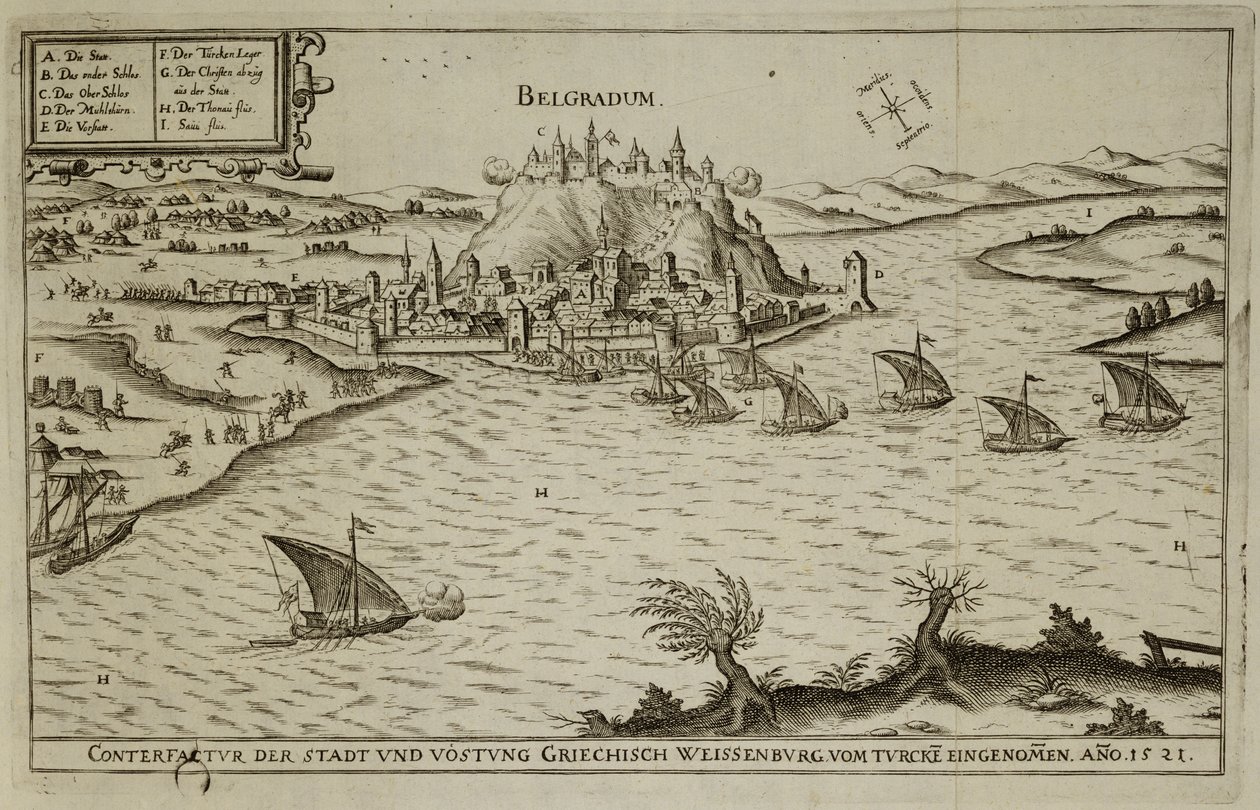 Belgradin kukistuminen turkkilaisille vuonna 1521, Paul Furstin (n. 1605–1666) kaivertama kuva kirjasta ottomaanien sotatoimista Euroopassa tekijältä German School