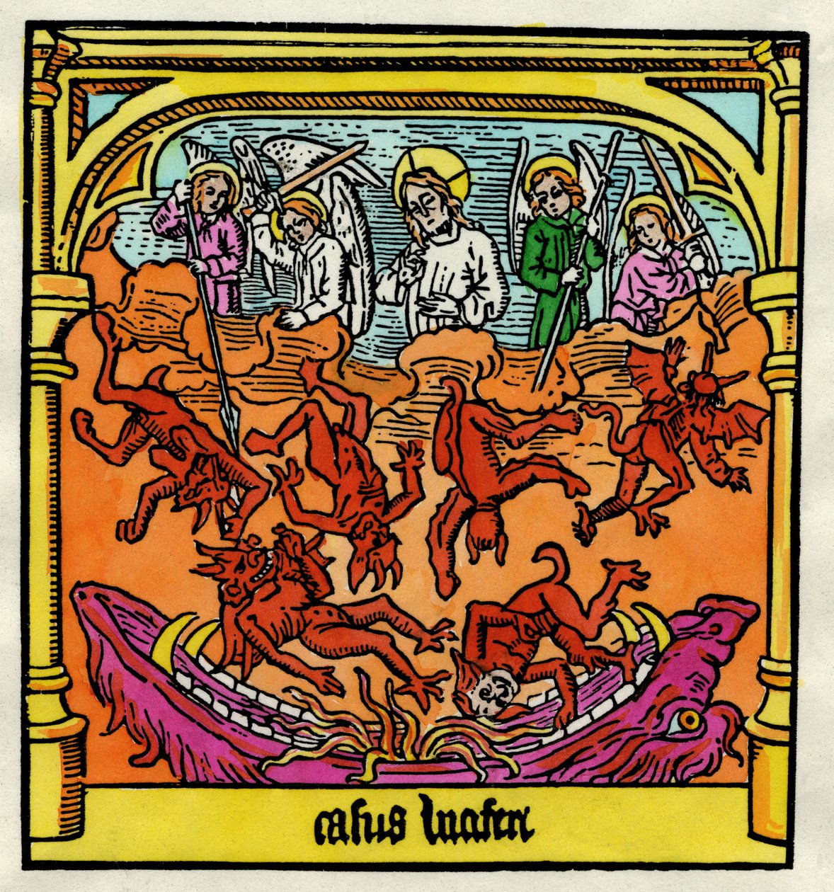 Luciferin lankeemus ja kapinallisten enkelit, kuvitus kopiosta "Biblia Pauperum" tekijältä German School