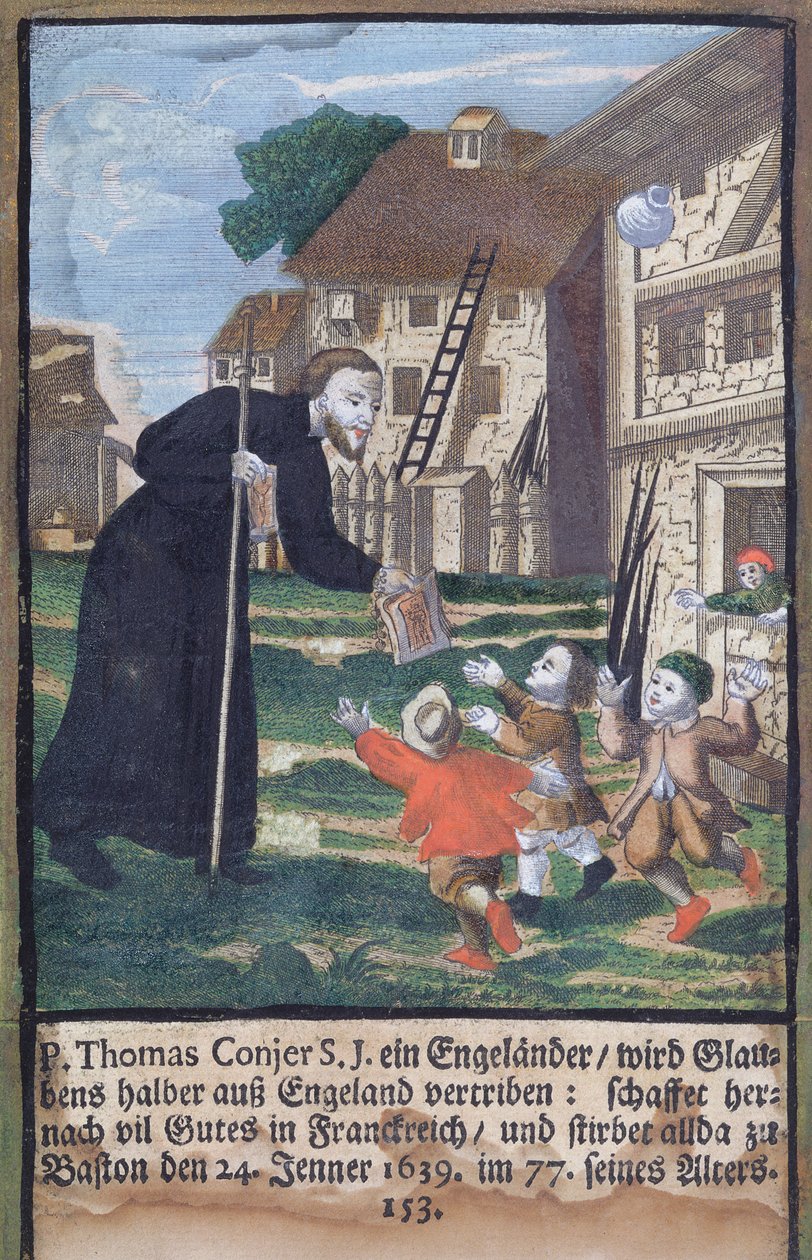Isä jesuiitta Thomas Conjer evankelioi Ranskaa, teoksesta The Jesuits Martyrology, 1688 tekijältä German School