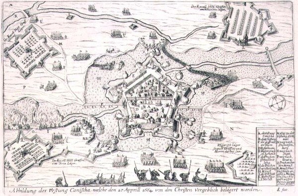 Canischan linnoitus, jota kristityt piirittivät turhaan vuonna 1664, Paul Furstin (n. 1605-1666) kaiverruksen kuvitus kirjasta ottomaanien sotatoimista Euroopassa (kaiverrus) tekijältä German School