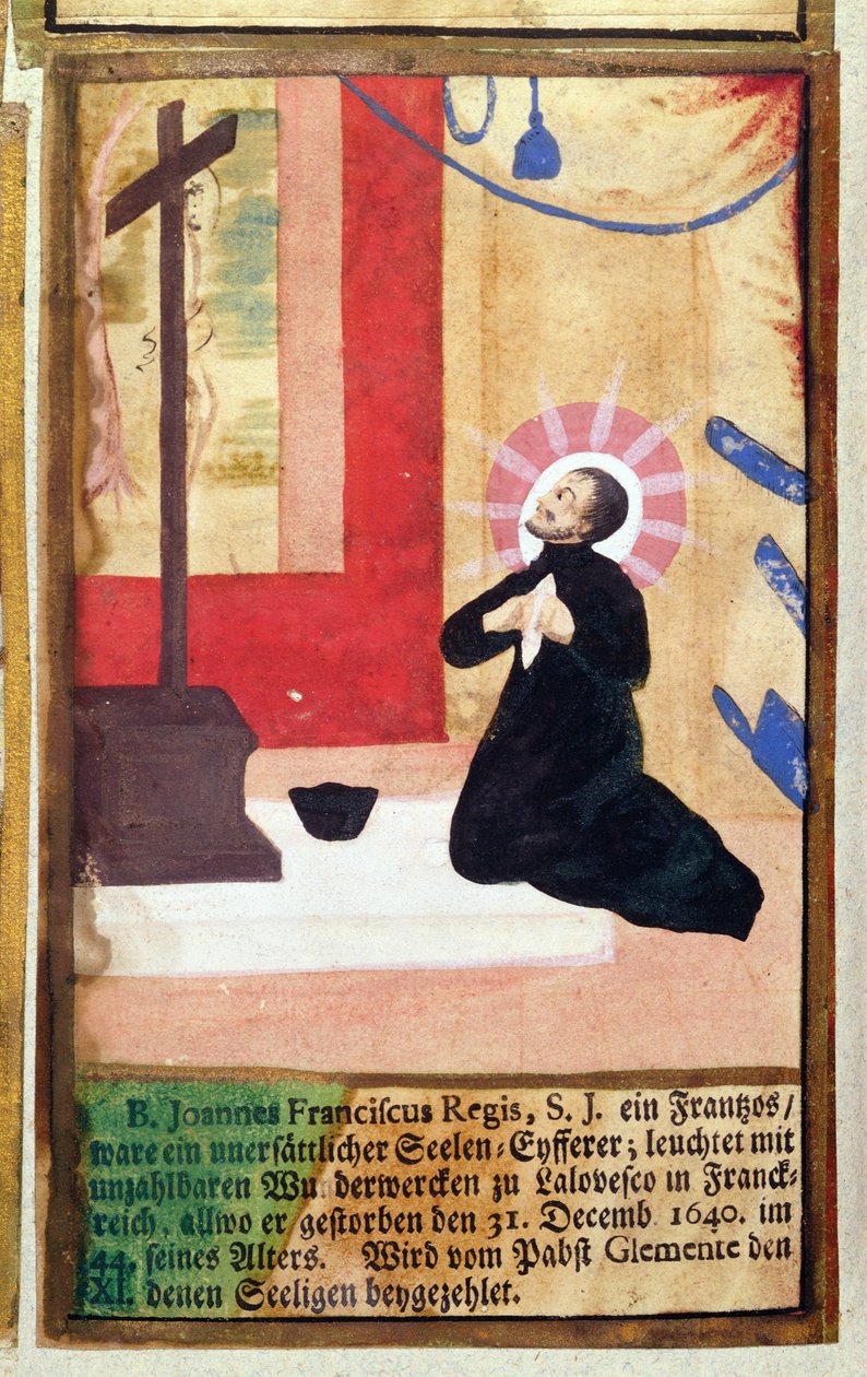 Ranskalainen isä jesuiitta Jean Francois Regis (1597-1640) polvistui krusifiksin edessä, teoksesta The Jesuits Martyrology, 1688 tekijältä German School
