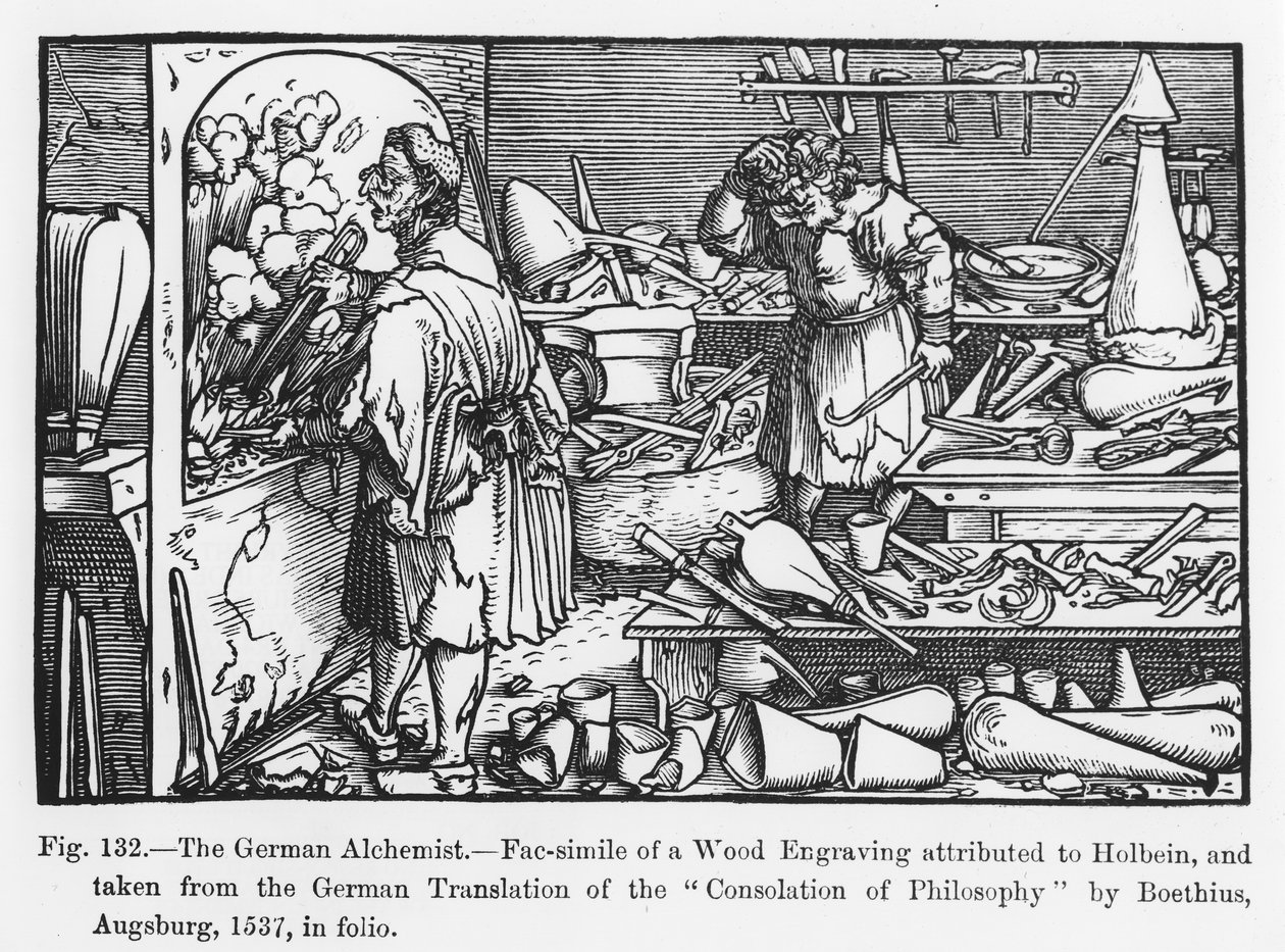Saksalainen alkemisti, Boethiuksen Filosofian lohdutus, kuvitus tieteestä ja kirjallisuudesta keskiajalla ja renessanssilla, kirjoittanut ja kaivertanut Paul Lacroix, 1878 (s. tekijältä German School