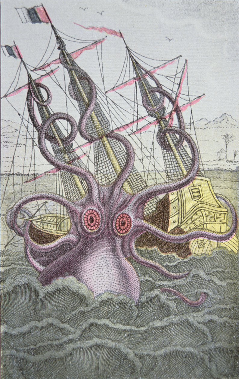Kraken vetää alas aluksen (värillinen kaiverrus) tekijältä German School