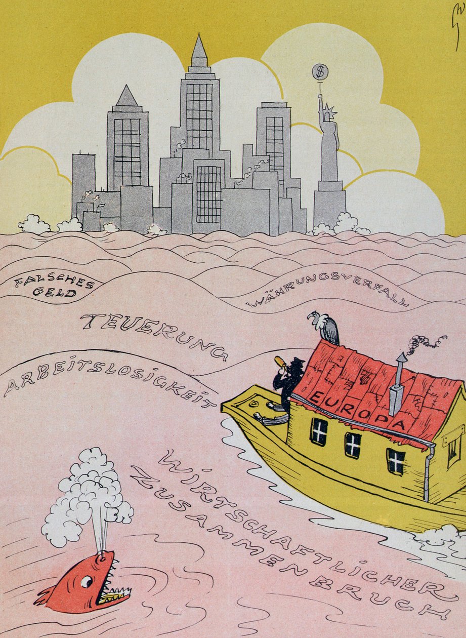 Uusi vedenpaisumus vanhassa maailmassa, sarjakuva, joka viittaa 1920-luvun Euroopan talouskriisiin, Kladderadatsch-lehdestä, Berliini, 1926 tekijältä German School
