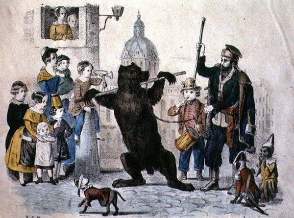 Esiintyvä karhu, n. 1860 (värikaiverrus) tekijältä German School