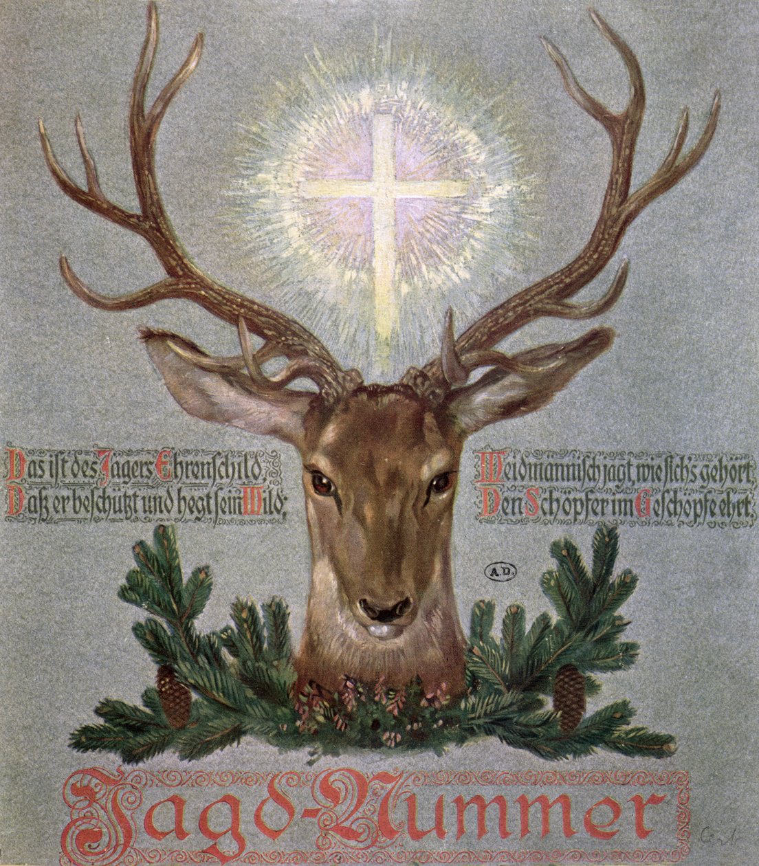 St. Hubertin polttare (655-727), kansikuva metsästyslehdestä, 1908 tekijältä German School