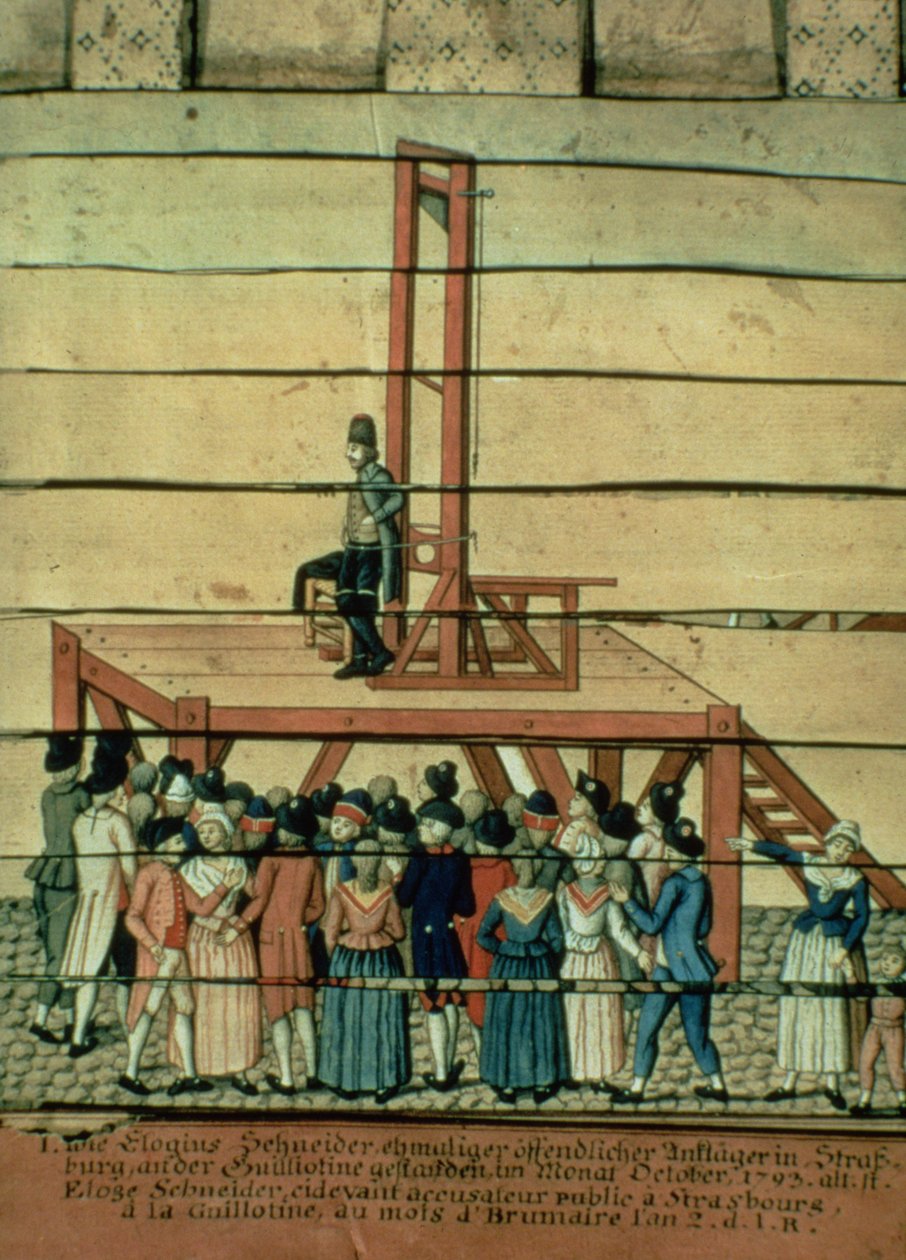 Terror - Jean Georges Schneider (1756-94) ja giljotiini (akvarelli paperille) tekijältä German School