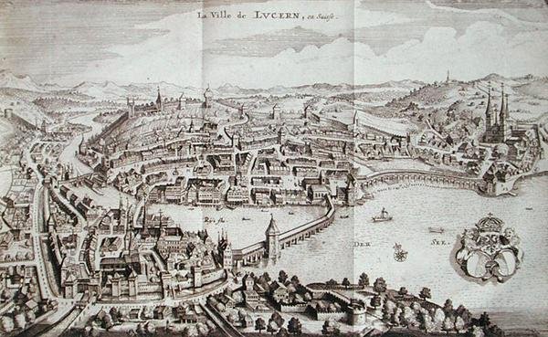 Luzernin kaupunki, Sveitsi, Johann Jacob Scheuchzerin Itinera Alpinasta, julkaistu 1706 (kaiverrus) tekijältä German School