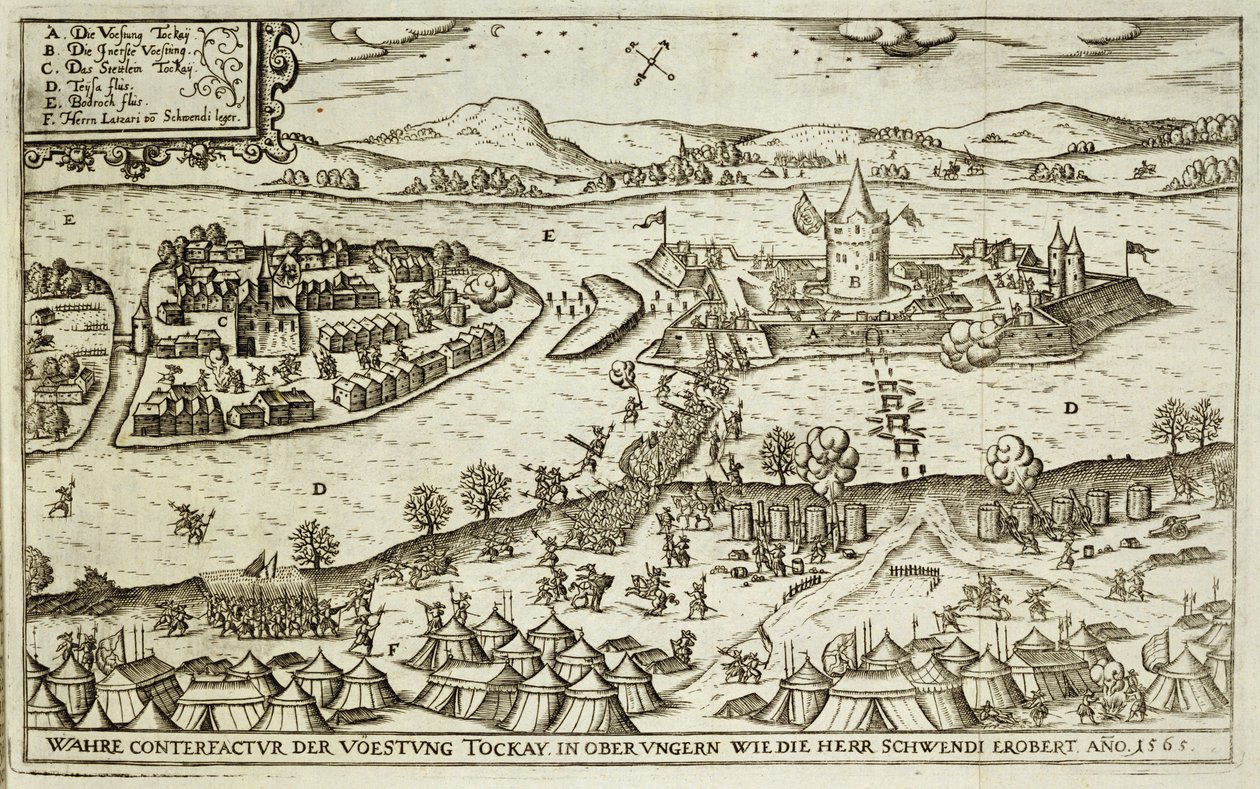 Herr Schwendi vuonna 1565 turkkilaisilta toipunut Tokayn kaupunki, Paul Furstin (n. 1605–1666) kaiverrettu kuva kirjasta ottomaanien kampanjoista Euroopassa tekijältä German School