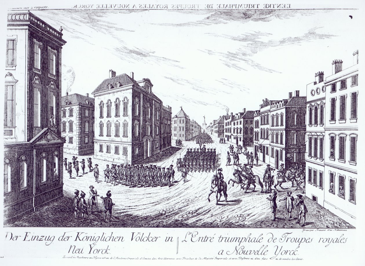 Kuninkaallisten joukkojen voittoisa saapuminen New Yorkiin, 1776, kaiverrus Francois Xavier Habermann tekijältä German School