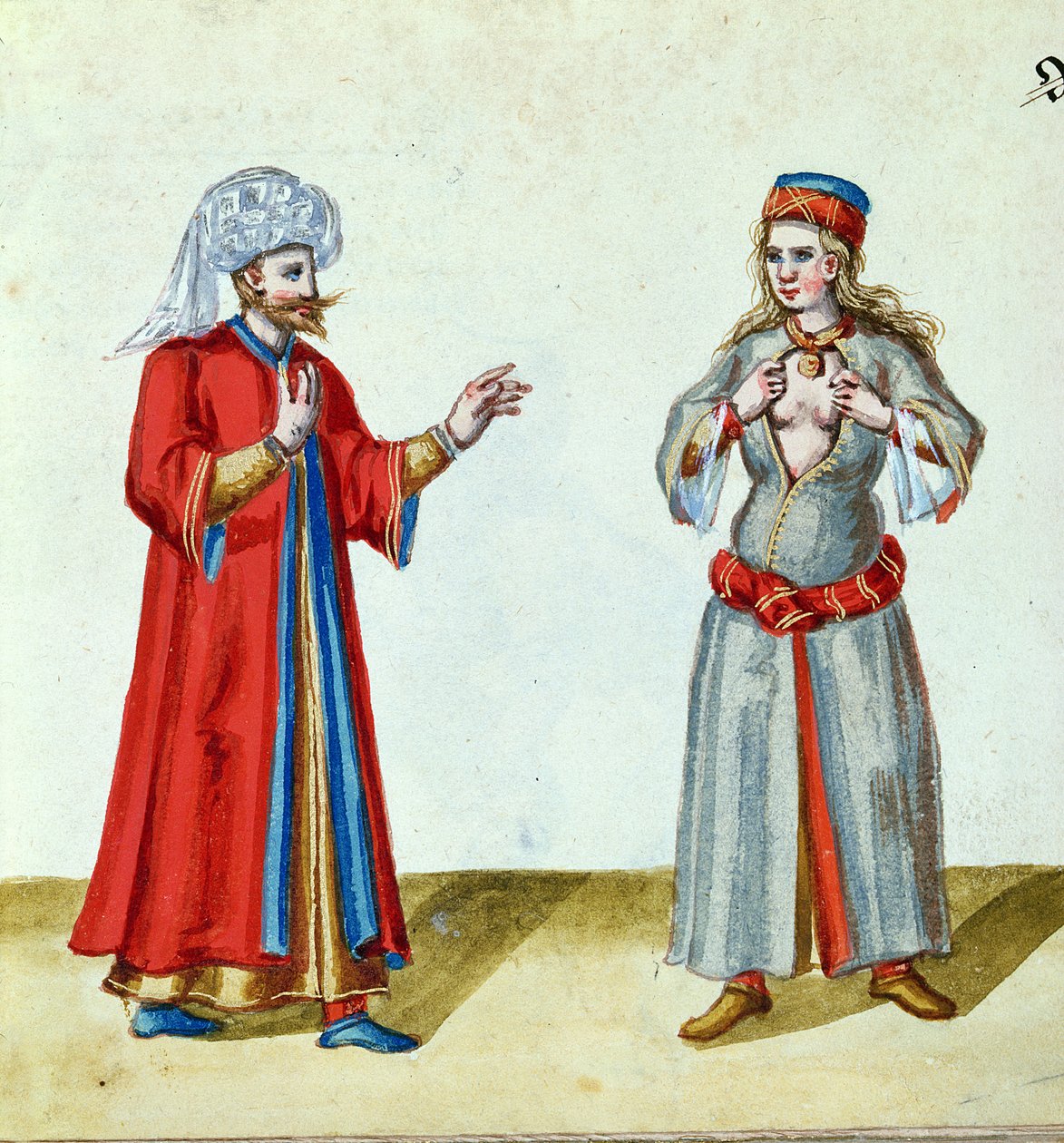 Turkki ja kurtisaani, 1500-luvun loppu (wc, kullattu ja guassi paperilla) tekijältä German School