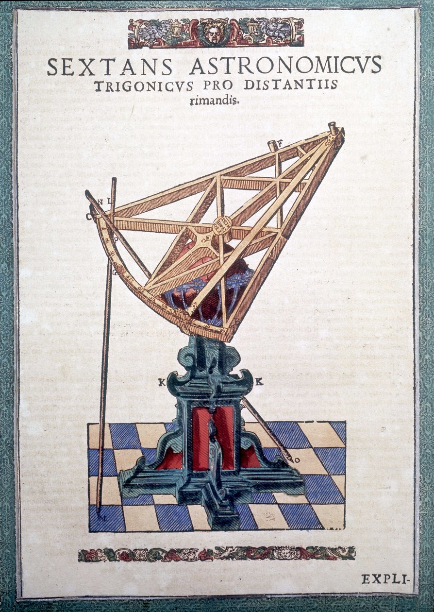 Tähtitieteellinen sekstantti Tycho Brahen (1546 - 1601), Wandsbeckin teoksessa "The Mechanism of Astronomy" tekijältä German School