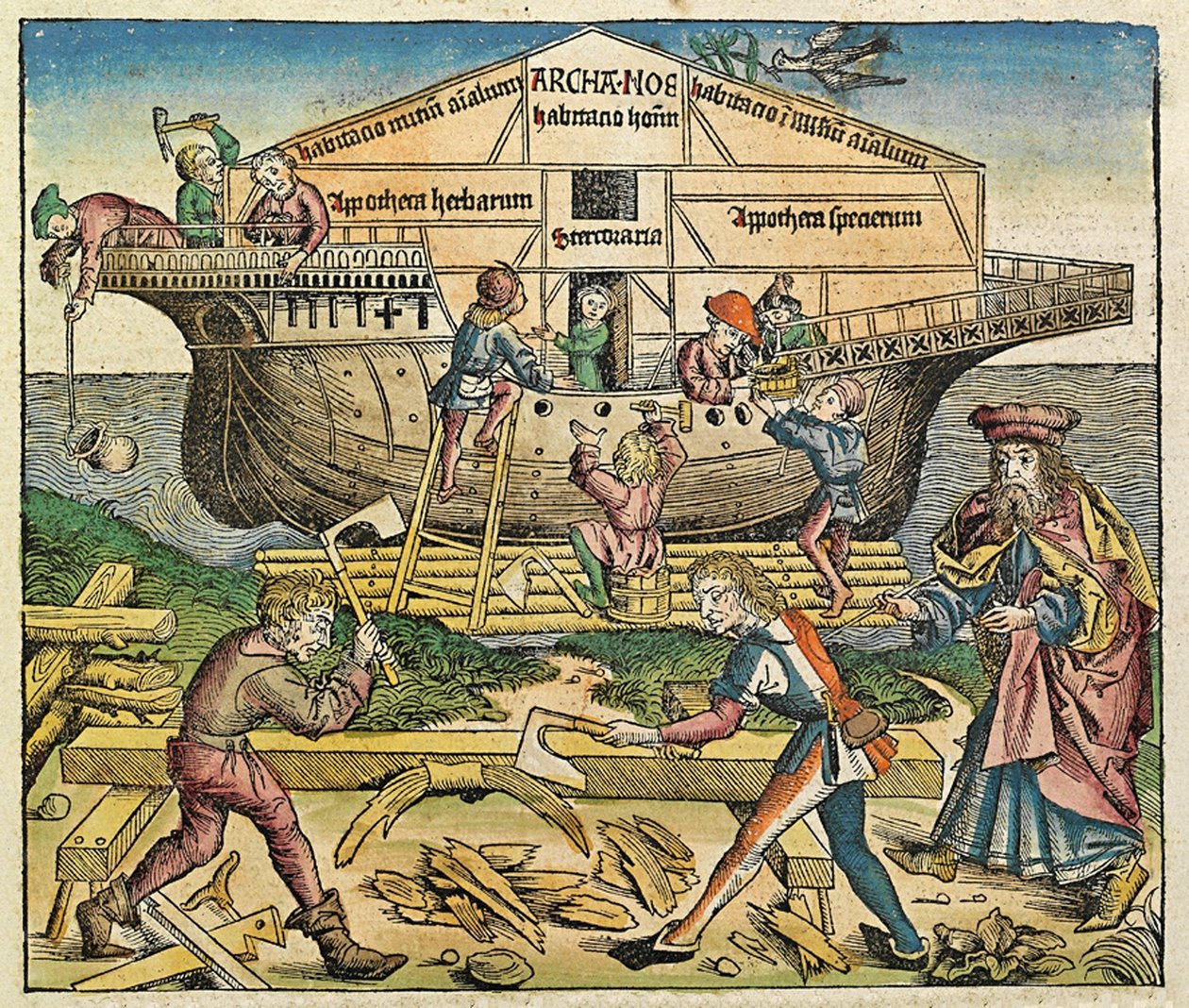 Nooan arkin rakennus, julkaistu Nürnberg Chroniclessa, 1493 tekijältä German School