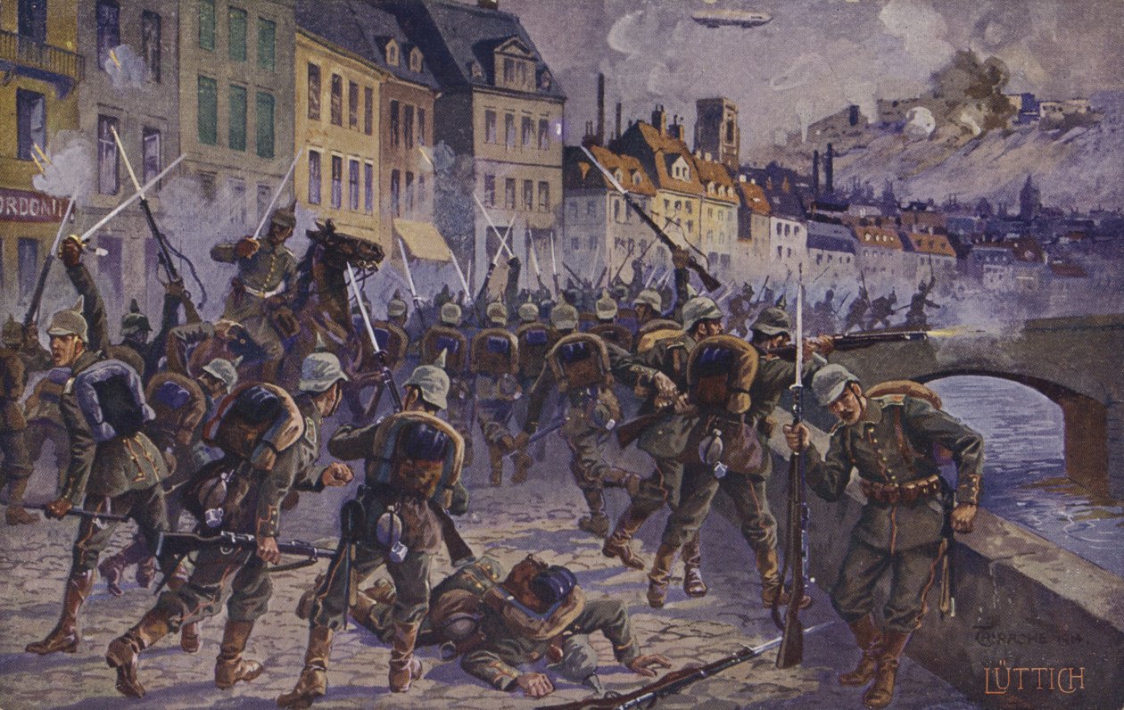 Liegen valtaus, Belgia, ensimmäinen maailmansota, 7. elokuuta 1914 (värilitografia). tekijältä German School