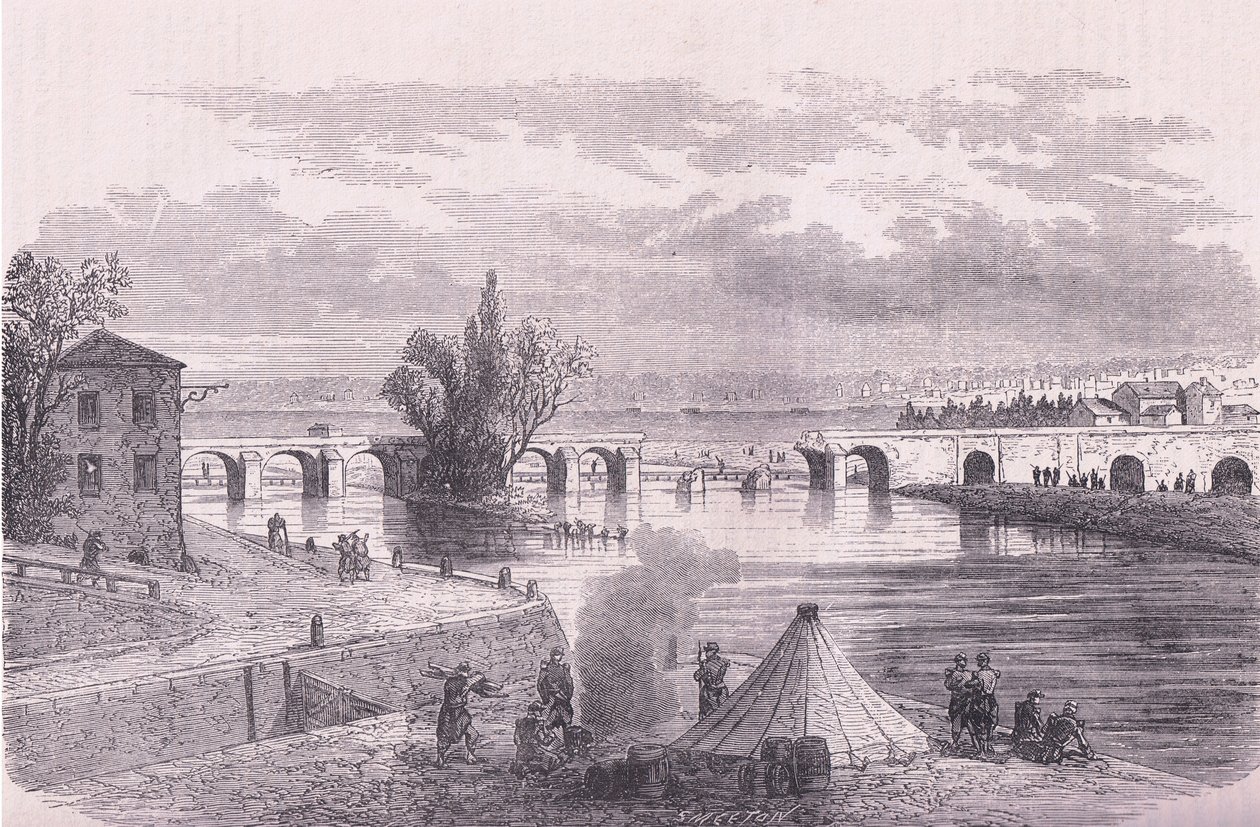 Pariisin puolustaminen - Jonville-sur-Marnen sillan tuhoutuminen, Cassells History of the War Ranskan ja Saksan välillä, julkaisija Cassell and Company Limited, n. 1890 (litho) tekijältä German School