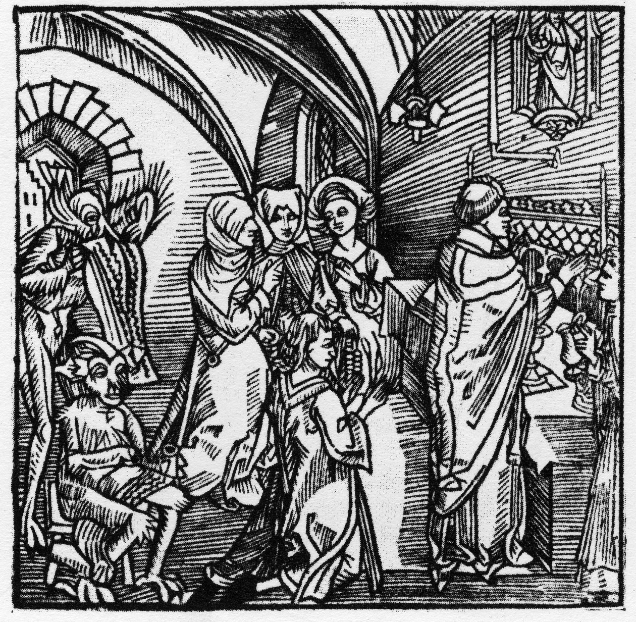 Paholaiset litteroivat kauppiaiden puhetta messun aikana - Knight Marquard vom Steinin kirjassa "Der Ritter von Turn" 1498 tekijältä German School