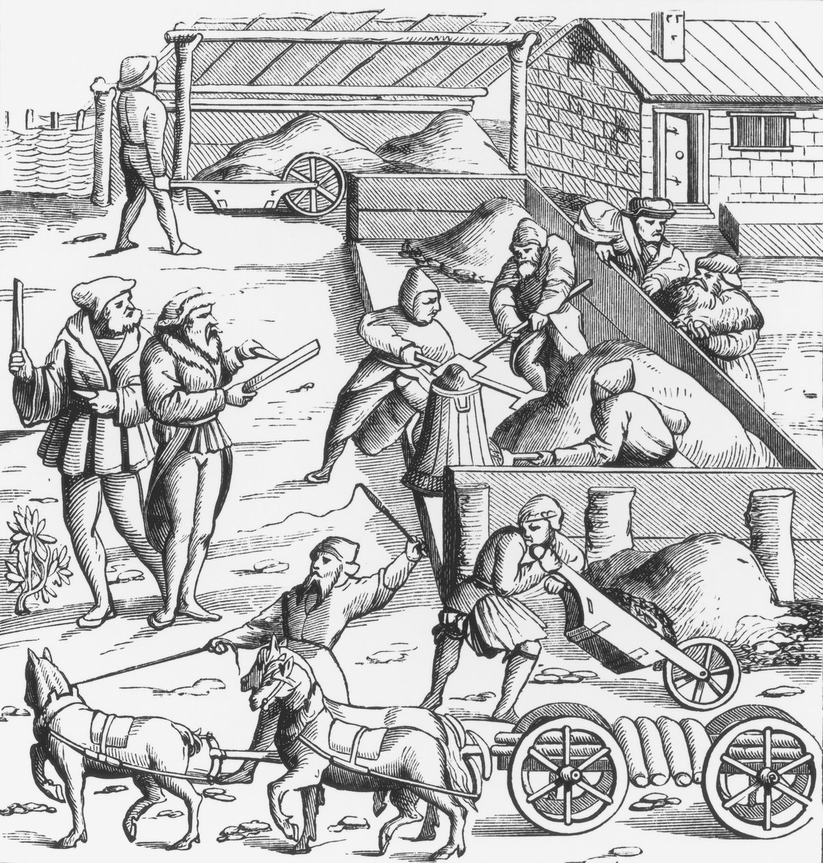 Metallien louhinta Cosmographie Universelle of Munsterin puupiirroksen jälkeen, julkaistu 1552 tekijältä German School