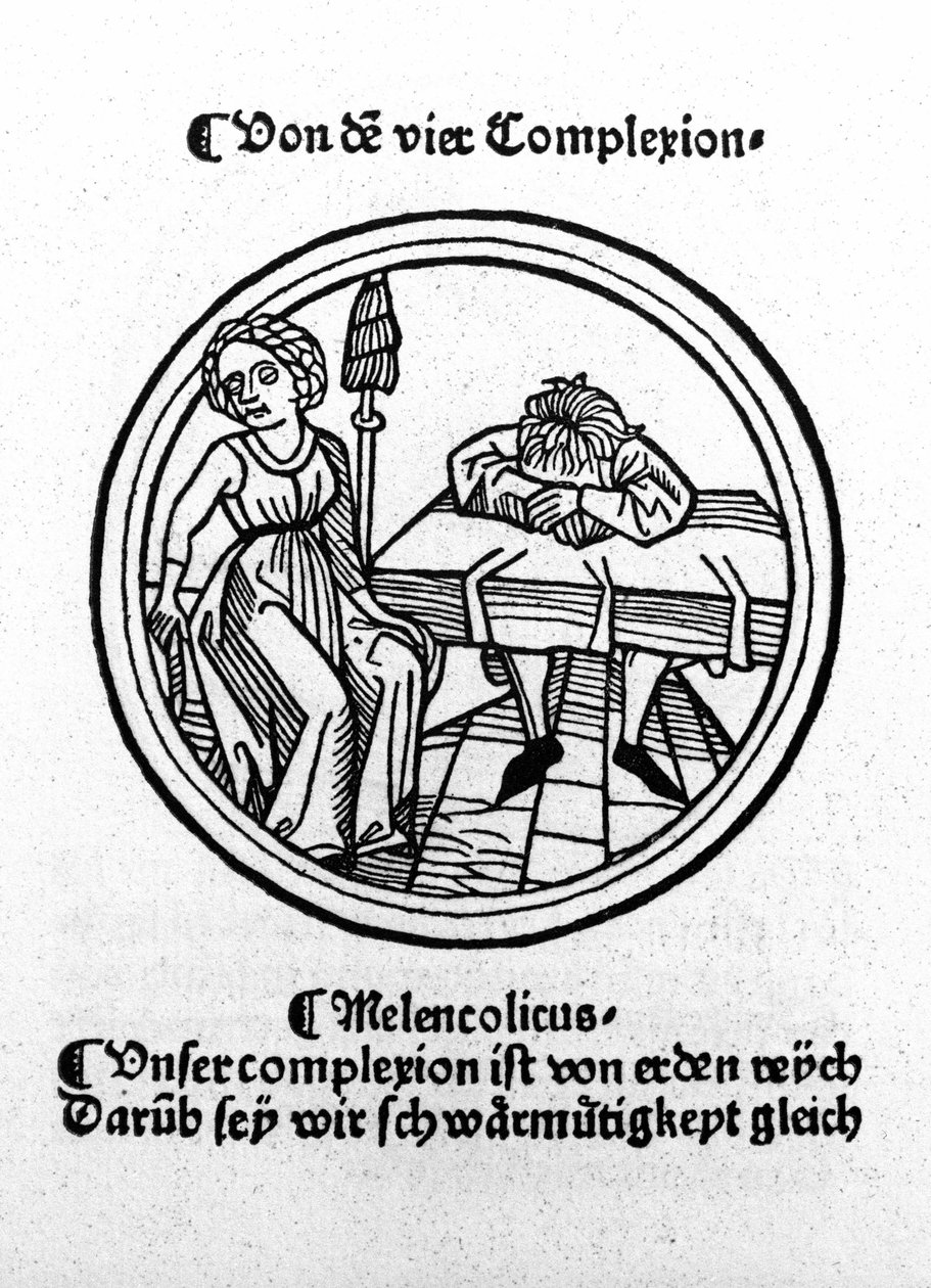 Neljä temperamenttia: melankolinen (surullinen ja masentunut). Ksylografia, Augsburg 1480. tekijältä German School