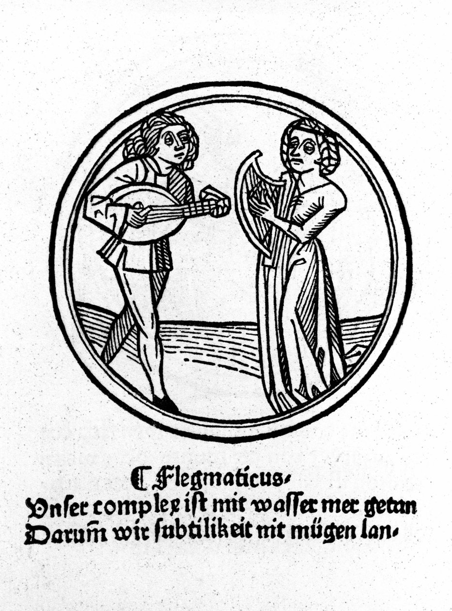 Neljä temperamenttia: flegmaattinen (hidas ja apaattinen). Ksylografia, Augsburg 1480 tekijältä German School