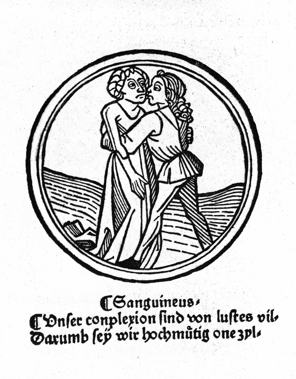 Neljä temperamenttia: veri (lämmin ja kiltti). Ksylografia, Augsburg 1480. tekijältä German School