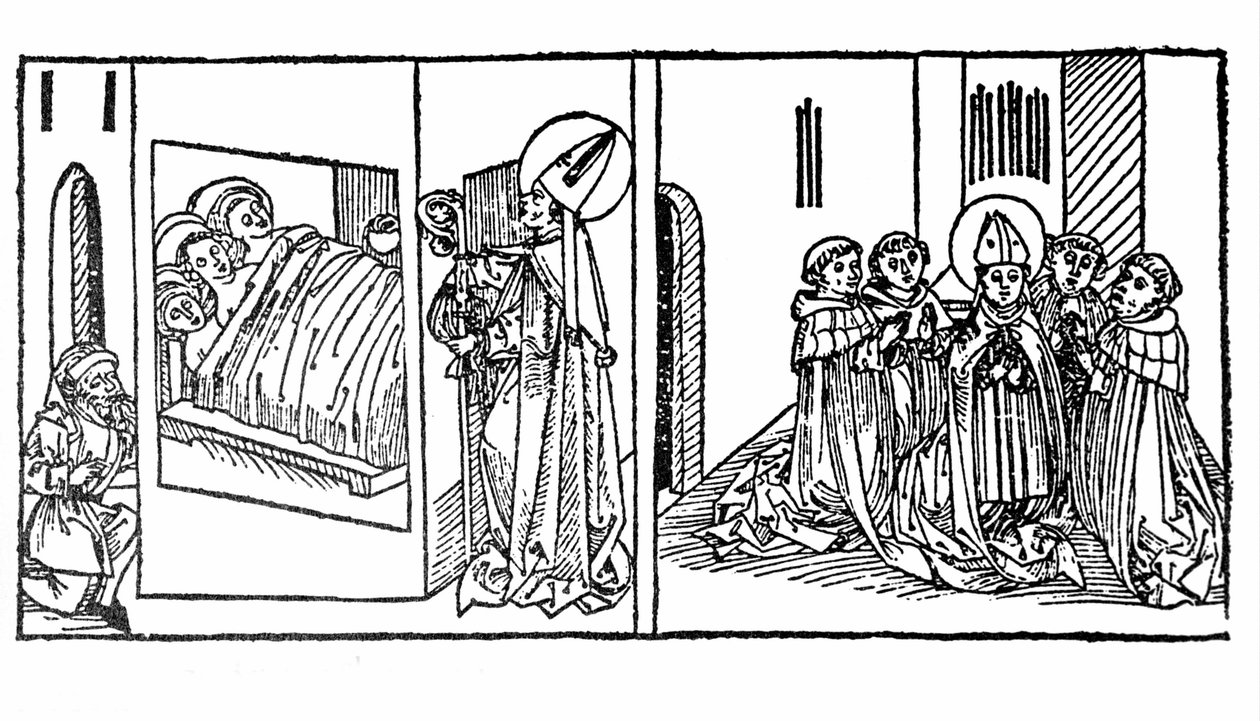 Pyhän Nikolauksen elämä heräsi. Kaiverrus "Leben der Heiligen - sommerteil" (pyhimysten kirja), jonka on kirjoittanut Jacobus (James) Voragine (1228-1298). Lyypekki 1488. tekijältä German School