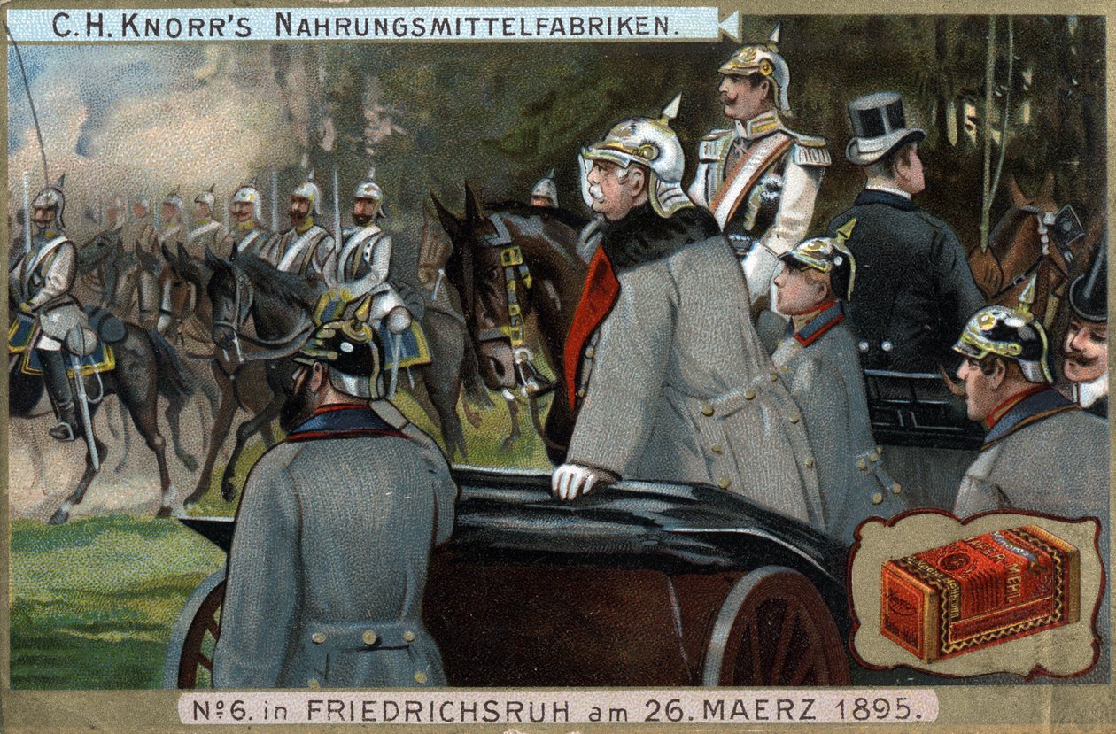 Preussian Armeen sotilasjoukot ohittivat liittokansleri Otto von Bismarckin (1815-1898) 26. maaliskuuta 1895 Friedrichsruhissa Saksassa. Kromolitografia, 1800-luvun loppu. tekijältä German School