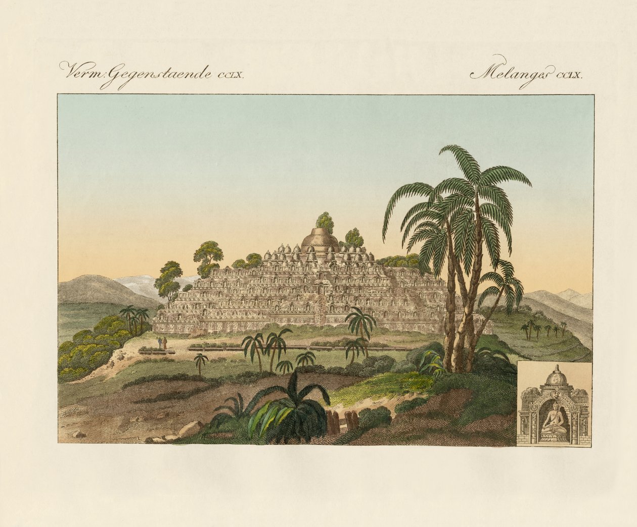Borobudurin Buddhan temppeli Javalla (värillinen kaiverrus) tekijältä German School