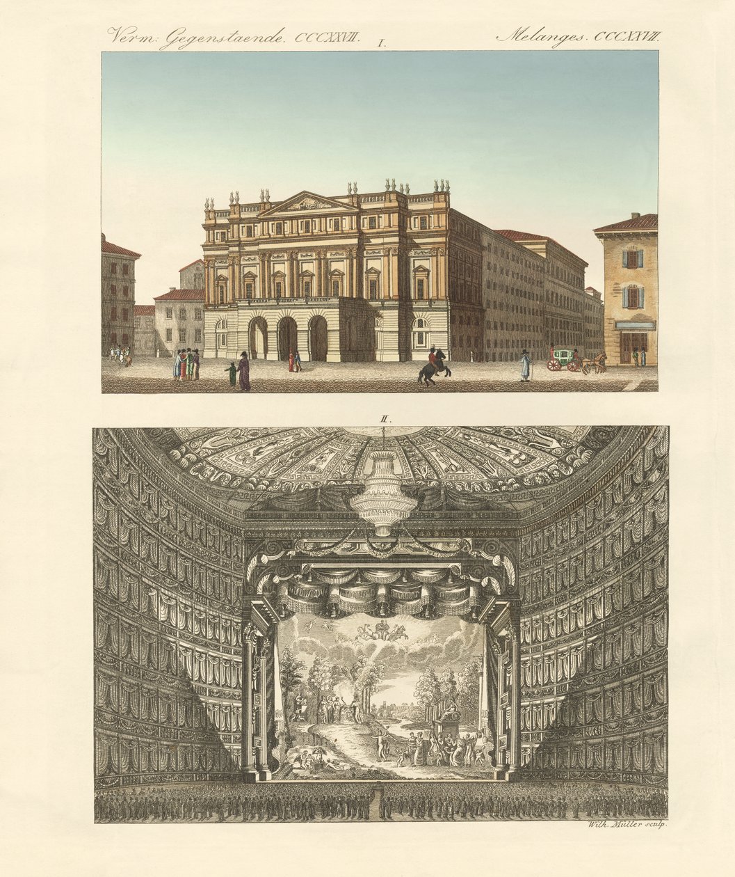 Teatteri Della Scala Milanossa (värillinen kaiverrus) tekijältä German School