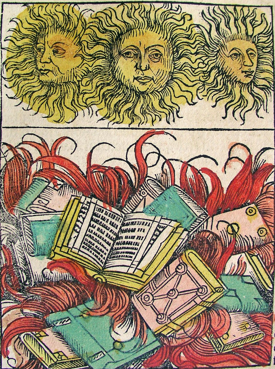 "Kolme aurinkoa ja kirjan polttaminen", julkaistu Nürnberg Chroniclessa, 1493 tekijältä German School