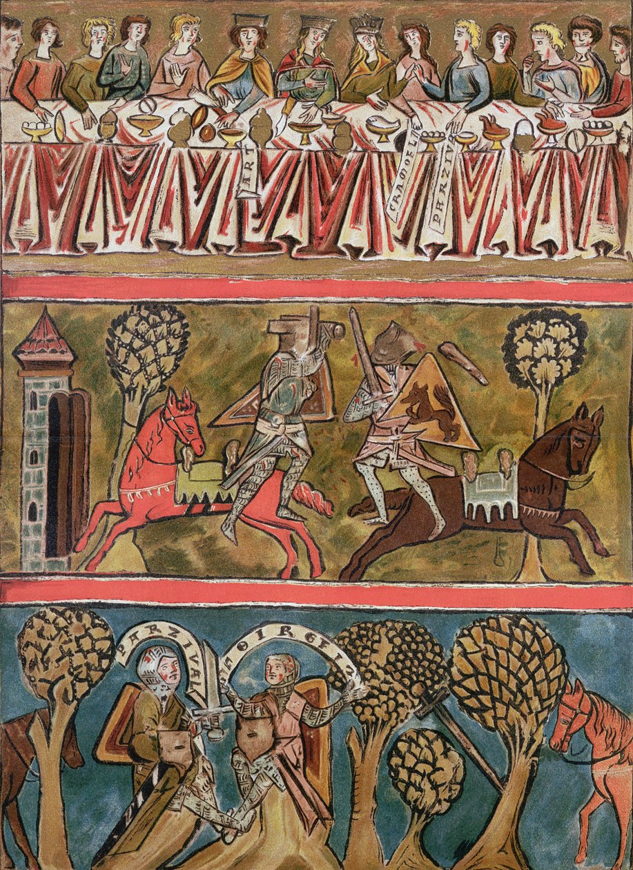 Wolfram von Eschenbachin (d.c.1230) kolme kohtausta Parsifalista faksimile 1200-luvun käsikirjoituksesta tekijältä German School