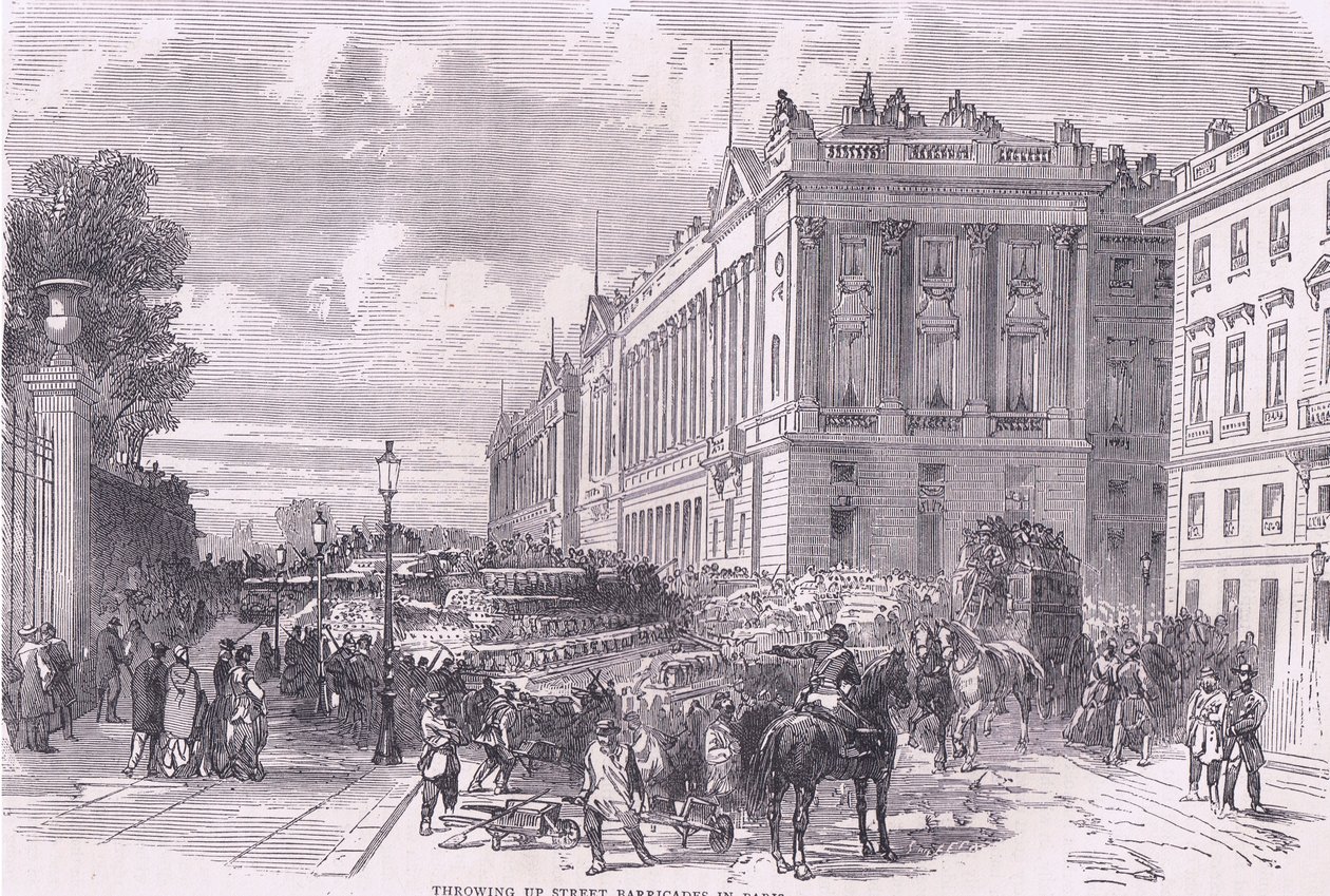 Katubarrikadeja Pariisissa, Cassells, Ranskan ja Saksan välisen sodan historia, julkaisija Cassell and Company Limited, n. 1890 (litho) tekijältä German School