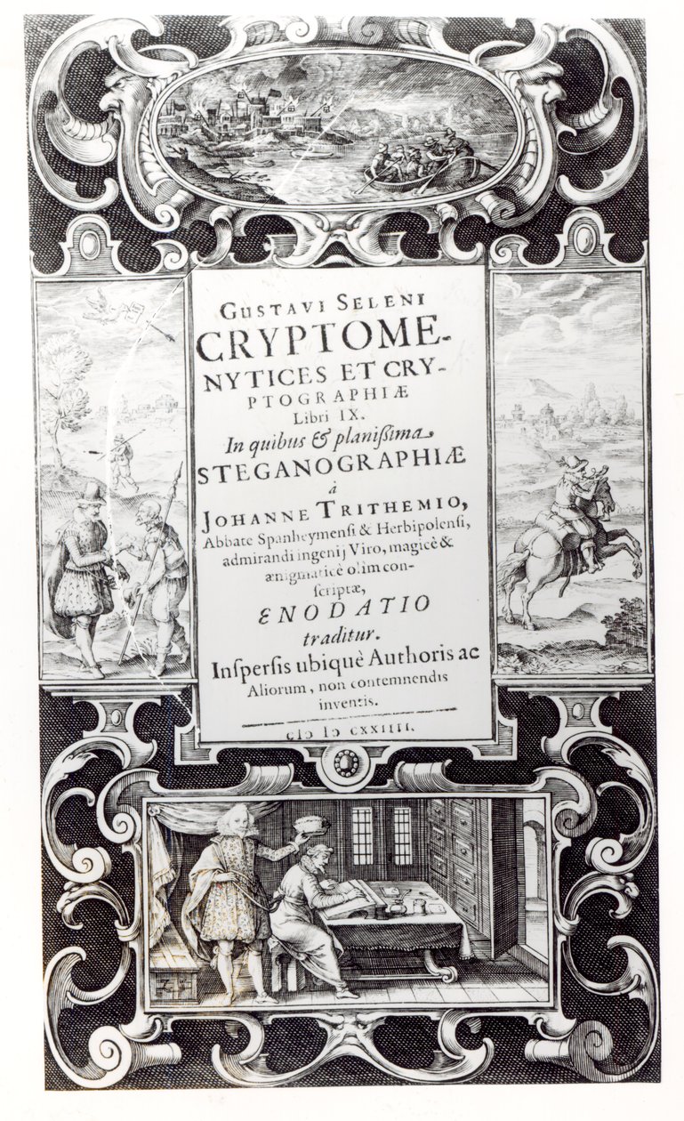 Nimisivu Gustavus Selenuksen (Augustus, Brunswickin herttua) kirjan 9 Cryptomenysis and Cryptography, 1624 tekijältä German School