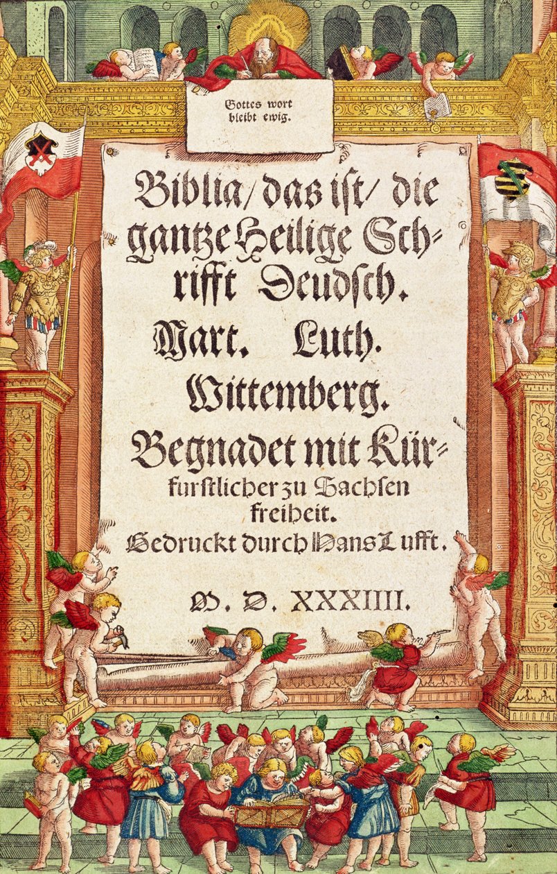 Nimisivu Lutherin Raamatusta, n. 1530 (värillinen puupiirros) tekijältä German School