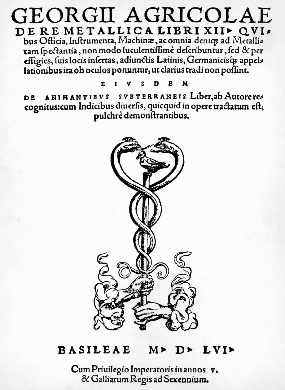 Georg Pawerin tai Georgius Agricolan (1494-1555) De re metallica (Metallien luonteesta) nimisivu, julkaistu Baselissa tekijältä German School