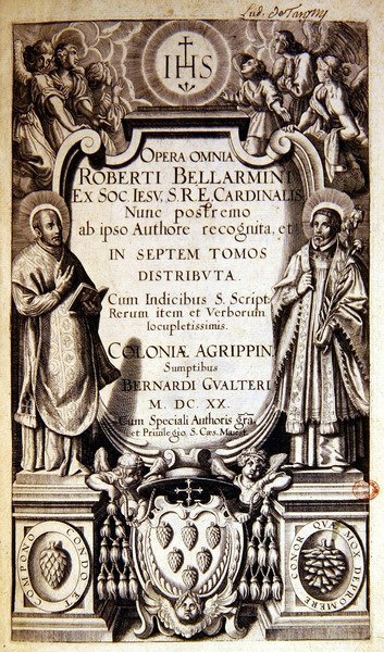 Robert Bellarminen teoksen Opera Omnia (kokonaisuus) nimiölehti, Kölnissä vuonna 1620 julkaistu painos (painettu paperi). tekijältä German School
