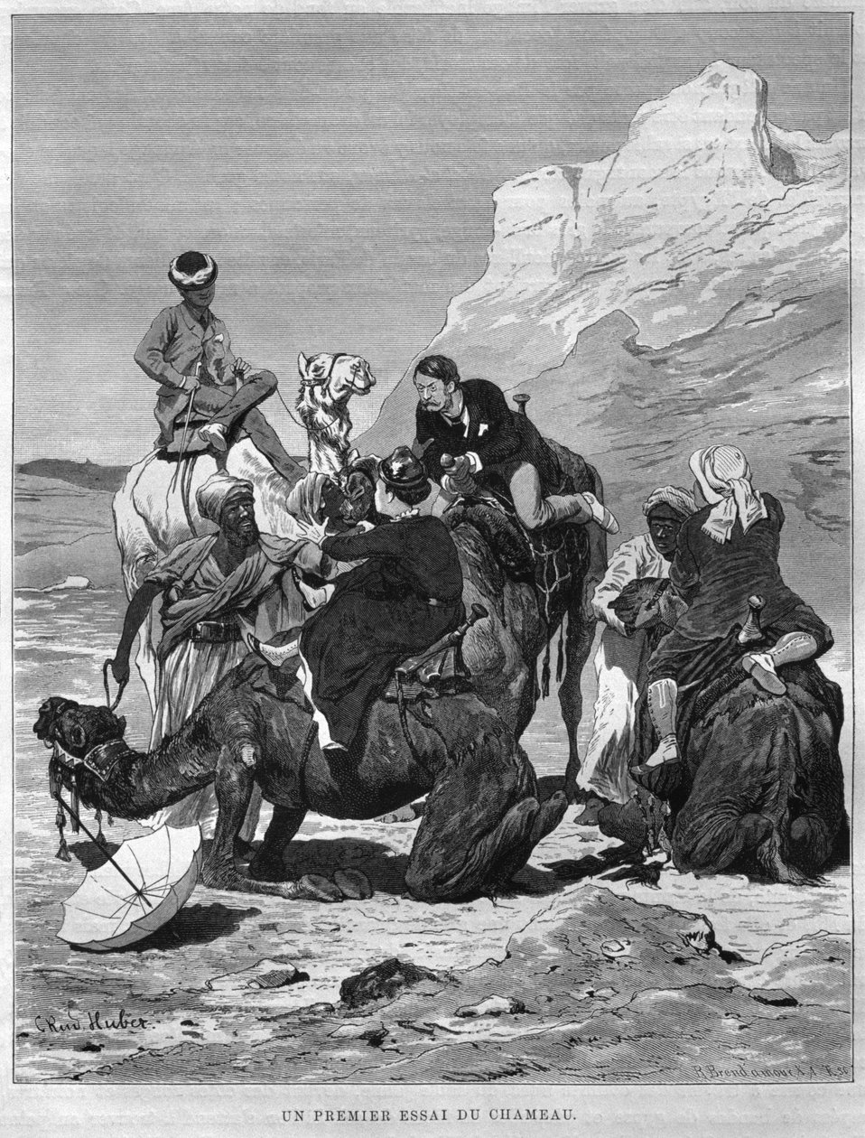 Turistit kamelien selässä, Georg Moritz Ebersin LEgypte (1837-98), 1881 (bw-kaiverrus) tekijältä German School