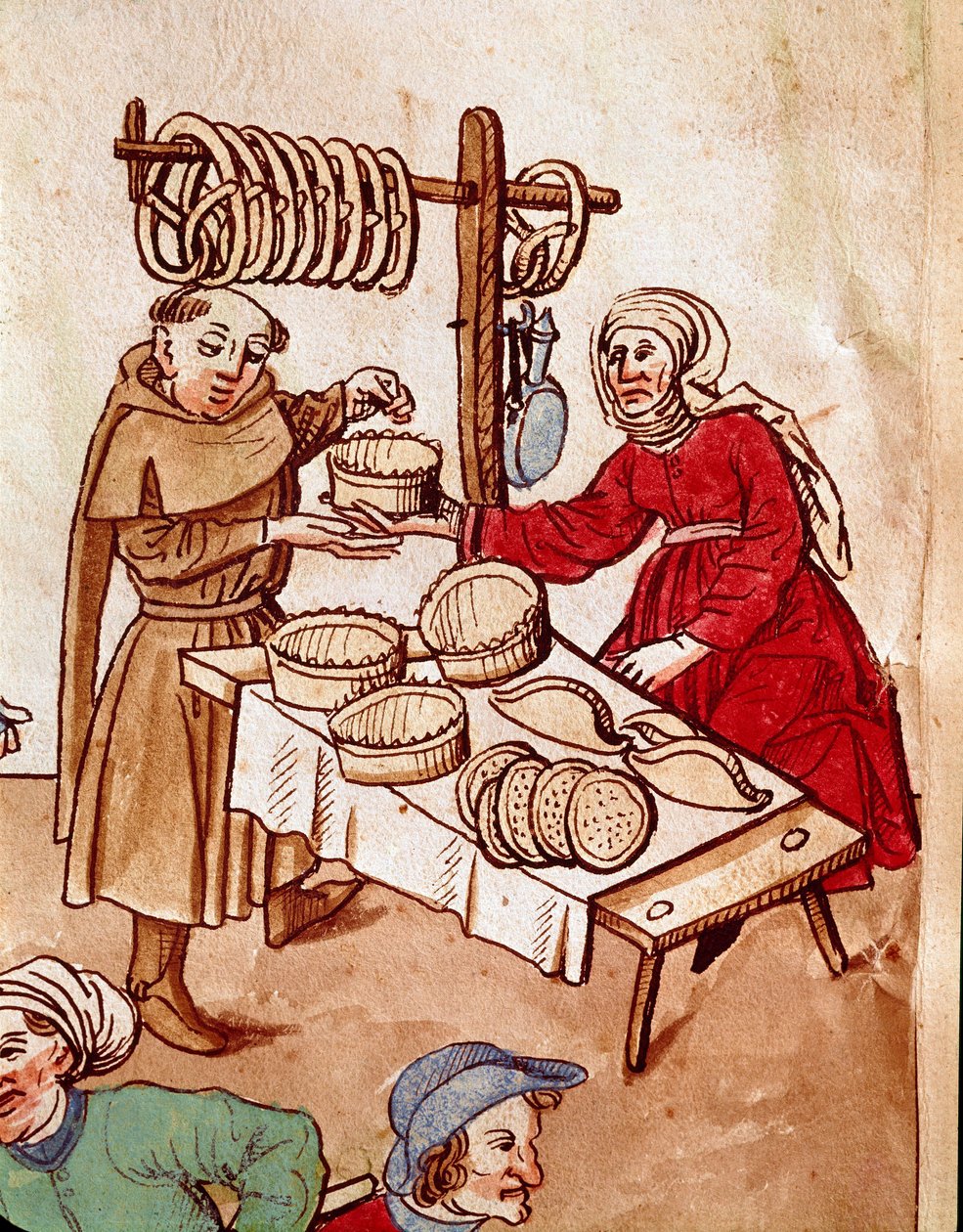 Kauppa: leipäkauppias. Miniatyyri Ulrich Richentalin (1360-1437) "Konstanz kirkolliskokouksen kronikoista" 1438 suunnilleen Praha, kansalliskirjasto tekijältä German School