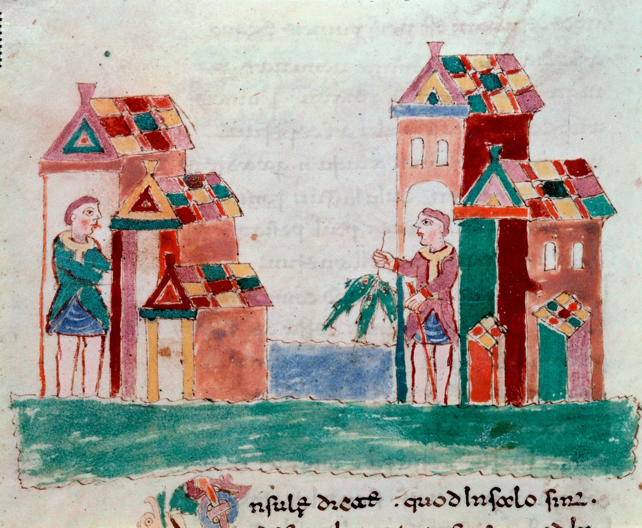 Kauppa: kalan myyjä. Miniatyyri otettu Rabanus Maurus Magnentiuksen (tai Raban Maurin tai Raban Mauron, n. 780-856) käsikirjoituksesta "" De Universo" tai "" De rerum naturis "" (Asioiden luonteesta). 9. vuosisadalla. Mount Cassino Abbeyn arkisto (Moun tekijältä German School