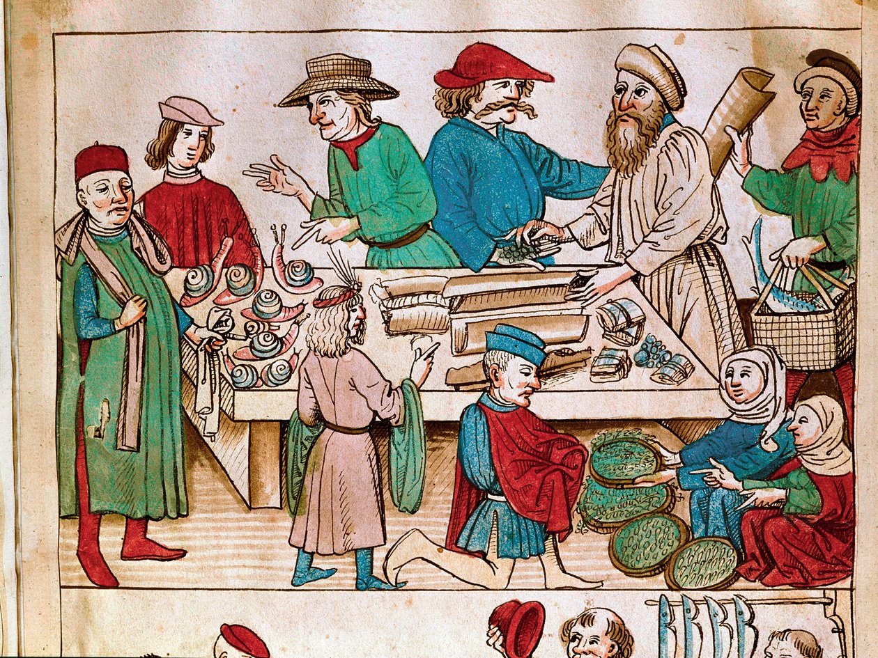 Kauppa: kävely kohtaus. Miniatyyri Ulrich Richentalin (1360-1437) "Konstanz kirkolliskokouksen kronikoista" 1438 suunnilleen Praha, kansalliskirjasto tekijältä German School