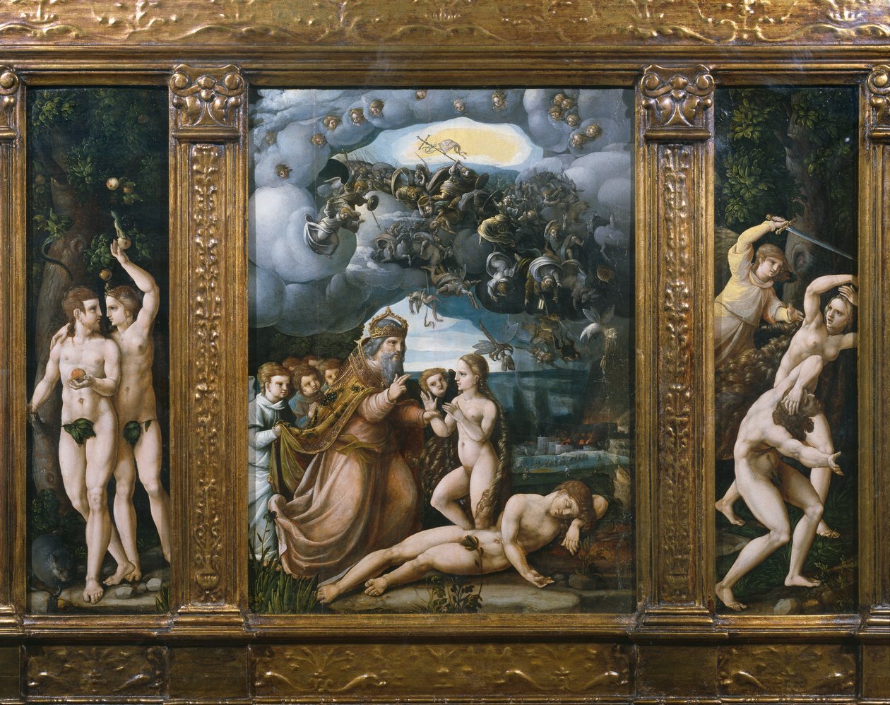 Luomisen triptyykki, Aadam ja Eeva, Eevan luominen, karkotus paratiisista (katso myös 346195, 346197) tekijältä German School