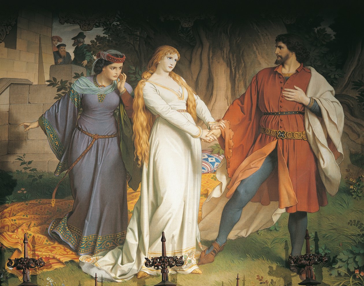Tristan ja Isolde tapaavat viimeistä kertaa salassa, mutta heidän tapaamisensa petetään ja kuningas Mark haavoi Tristandin myrkytetyllä keihällä, Makuuhuone (seinämaalaus) tekijältä German School