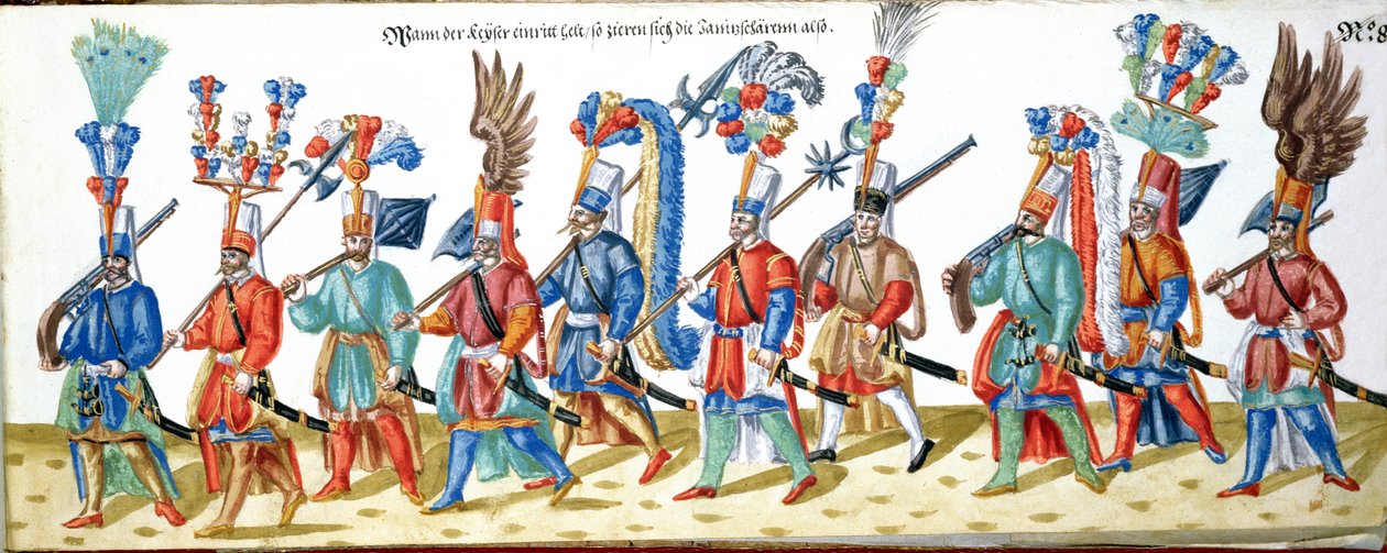 Turkin janitsarit, kokoelmasta kuvia, jotka liittyvät ottomaanien sulttaanin hoviin, n. 1600 (wc paperilla) tekijältä German School
