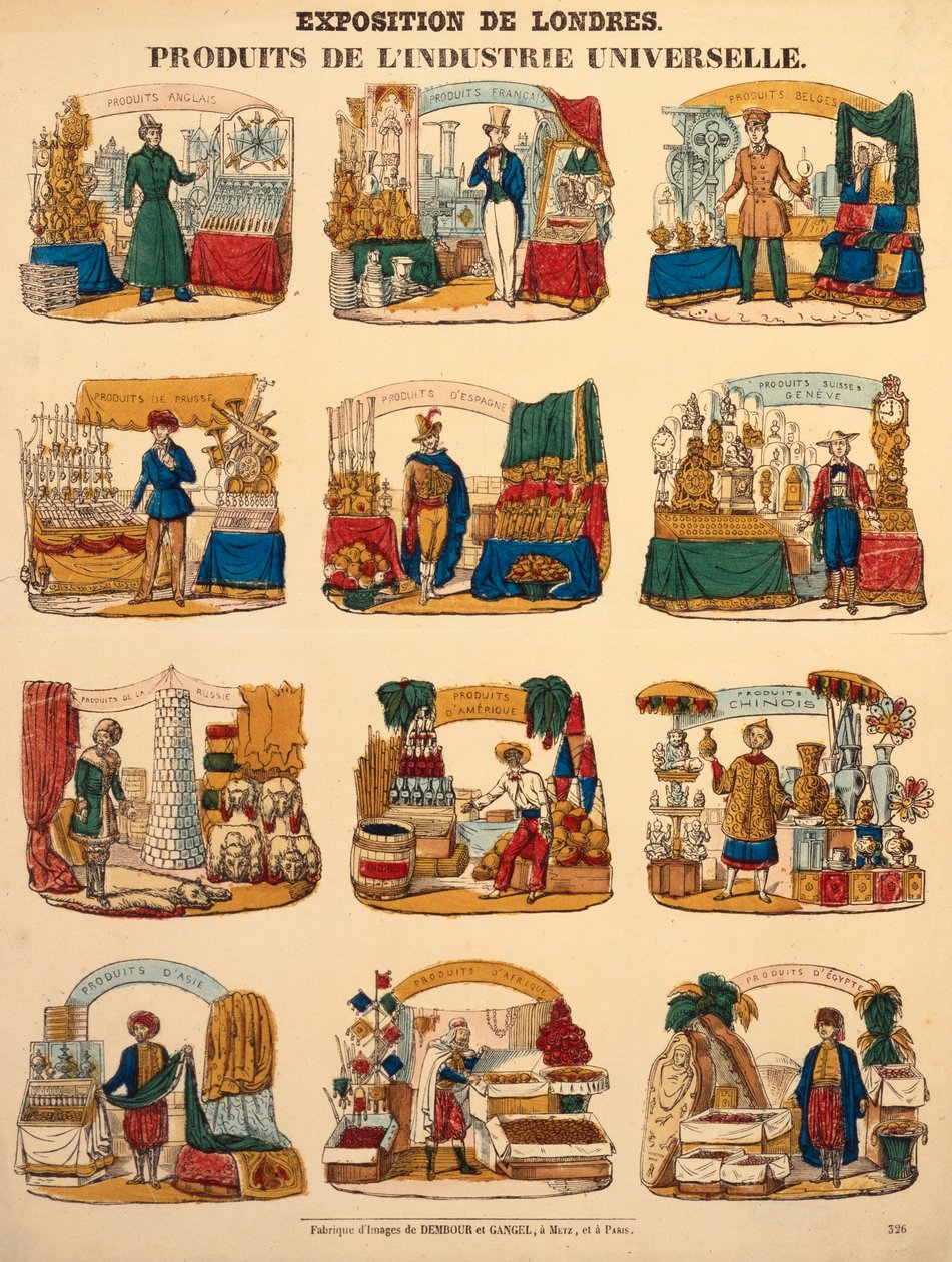 Kaksitoista näyttelyosastoa eri maista Lontoon suuressa näyttelyssä, julkaisija Dambour & Gangel, Metz, 1851 (puukaiverrus) tekijältä German School