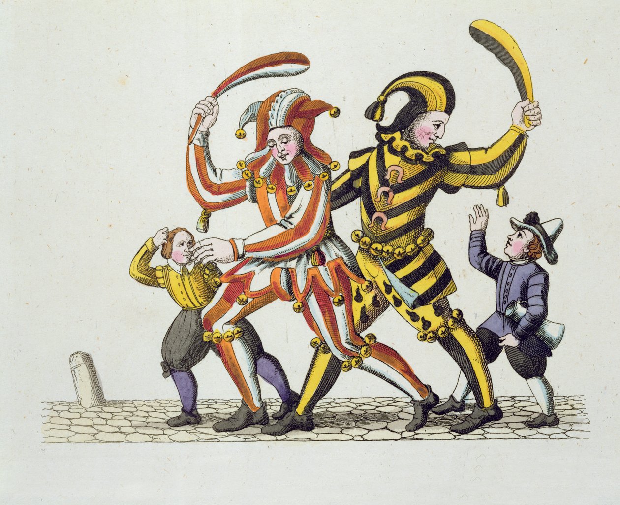Kaksi lasten kanssa leikkivää narria, Vanhan Nürnbergin tavat ja käytännöt peleissä ja lauluissa, julkaistu uudelleen 1831 tekijältä German School