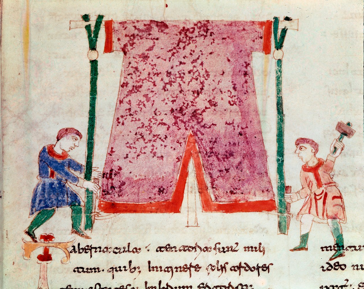 Kaksi miestä seisomassa teltassa. Miniatyyri otettu Rabanus Maurus Magnentiuksen (tai Raban Maurin tai Rabano Mauron, n. 780-856) käsikirjoituksesta "" De Universo" tai "" De rerum naturis "" (Asioiden luonteesta). 9. vuosisadalla. Monte Cassino Abbeyn ark tekijältä German School