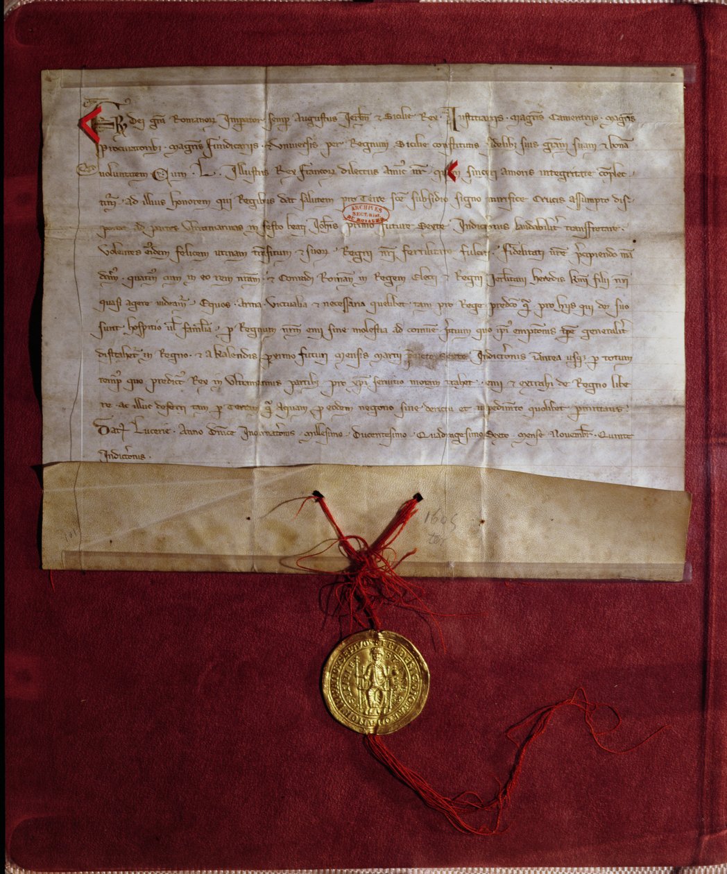 Keisari Fredrik II:n (1194-1250) sitoumus toimittaa kuningas Ludvig IX:lle (1214-70) hevosia, aseita ja tarvikkeita seitsemännelle ristiretkelle, 1246 tekijältä German School