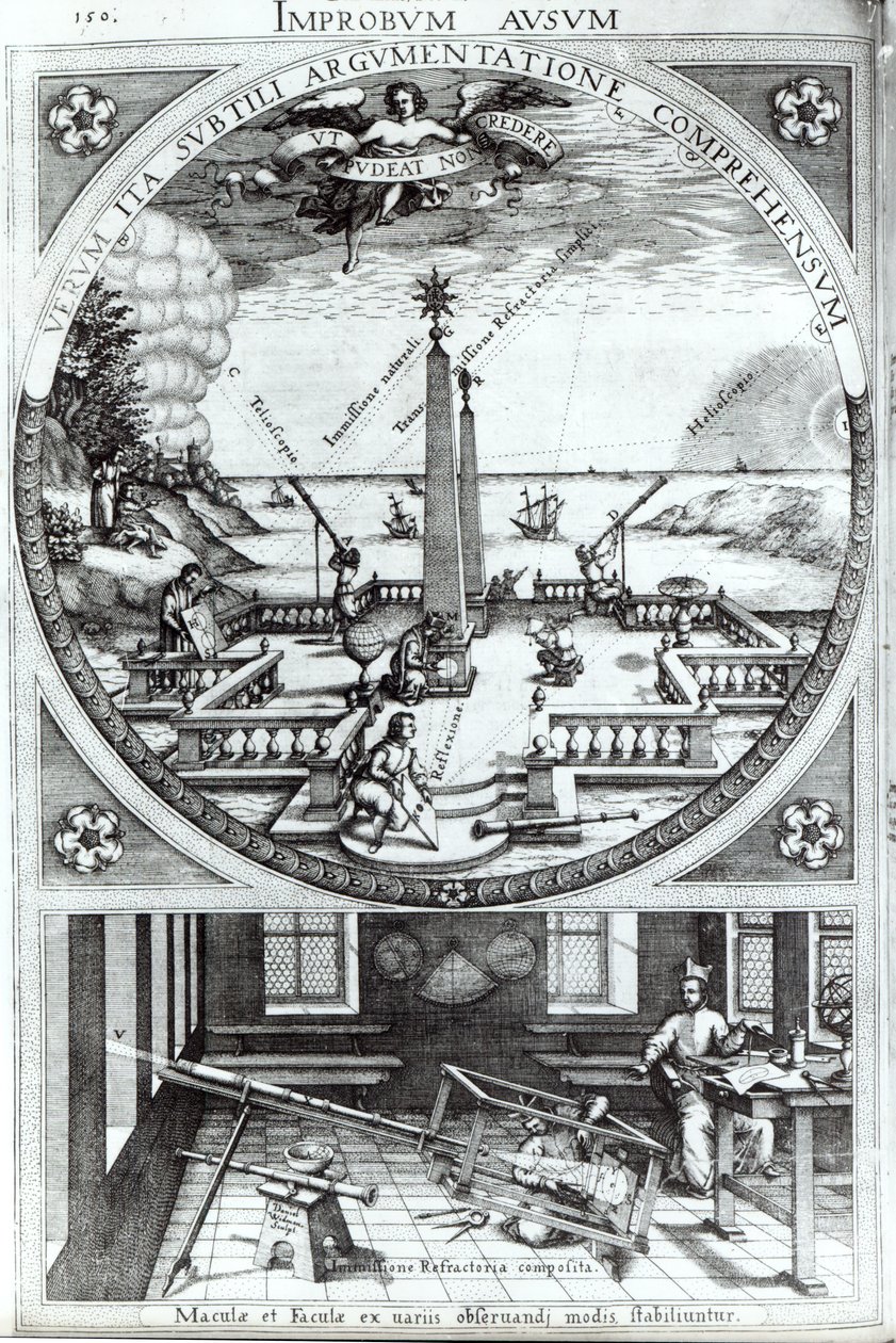 Erilaisia menetelmiä auringonpilkkujen havainnointiin, Christoph Scheinerin kuvitus Rosa Orsinalta, julkaistu 1630 (katso lisätietoja 294058) tekijältä German School