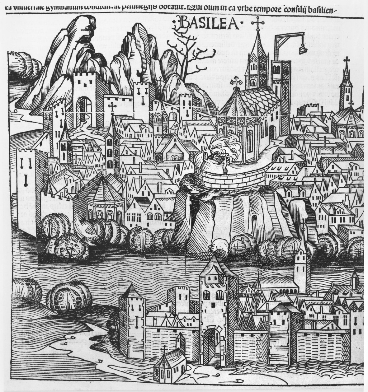 Näkymä Baselista, kuva Hartmann Schedelin (1440-1514) Nürnbergin kronikasta 1493 tekijältä German School